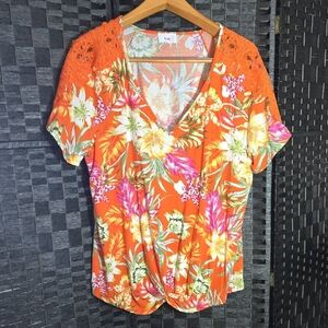 Fyve  Womens Plus 3X Orange Floral Blouse with Crochet Shoulders